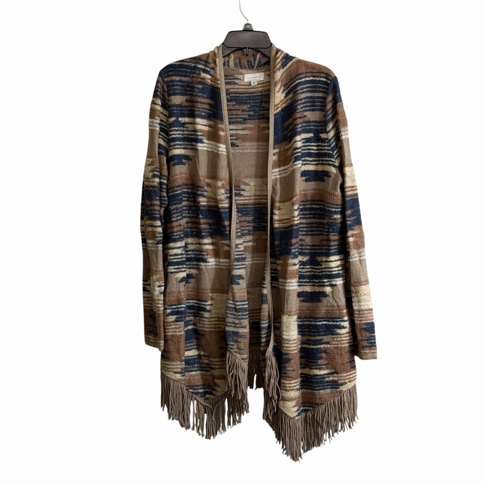 Lucky Brand Large Open Front Cardigan Sweater Brown Boho Tribal Aztec Fringe
